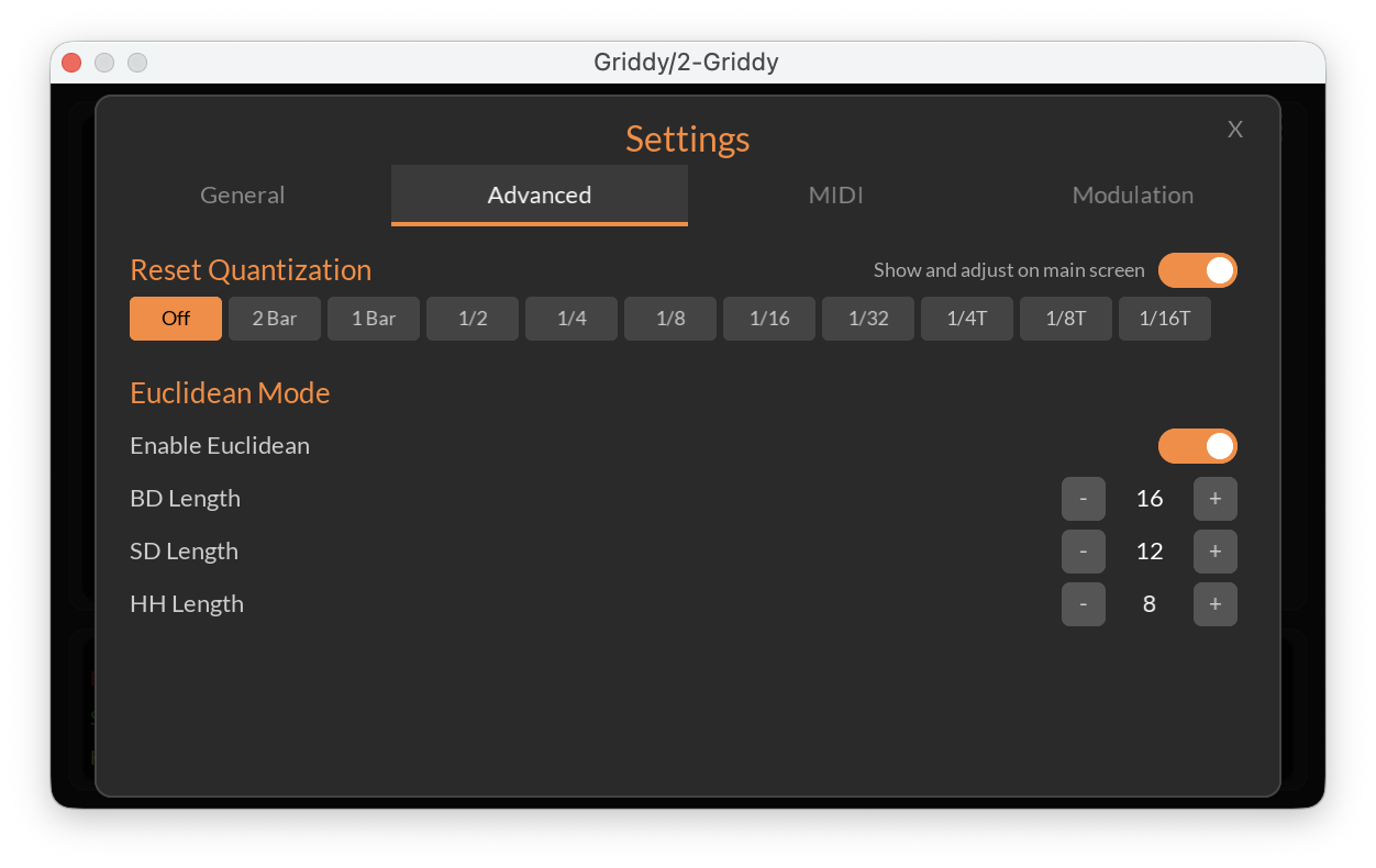 Griddy settings advanced tab
